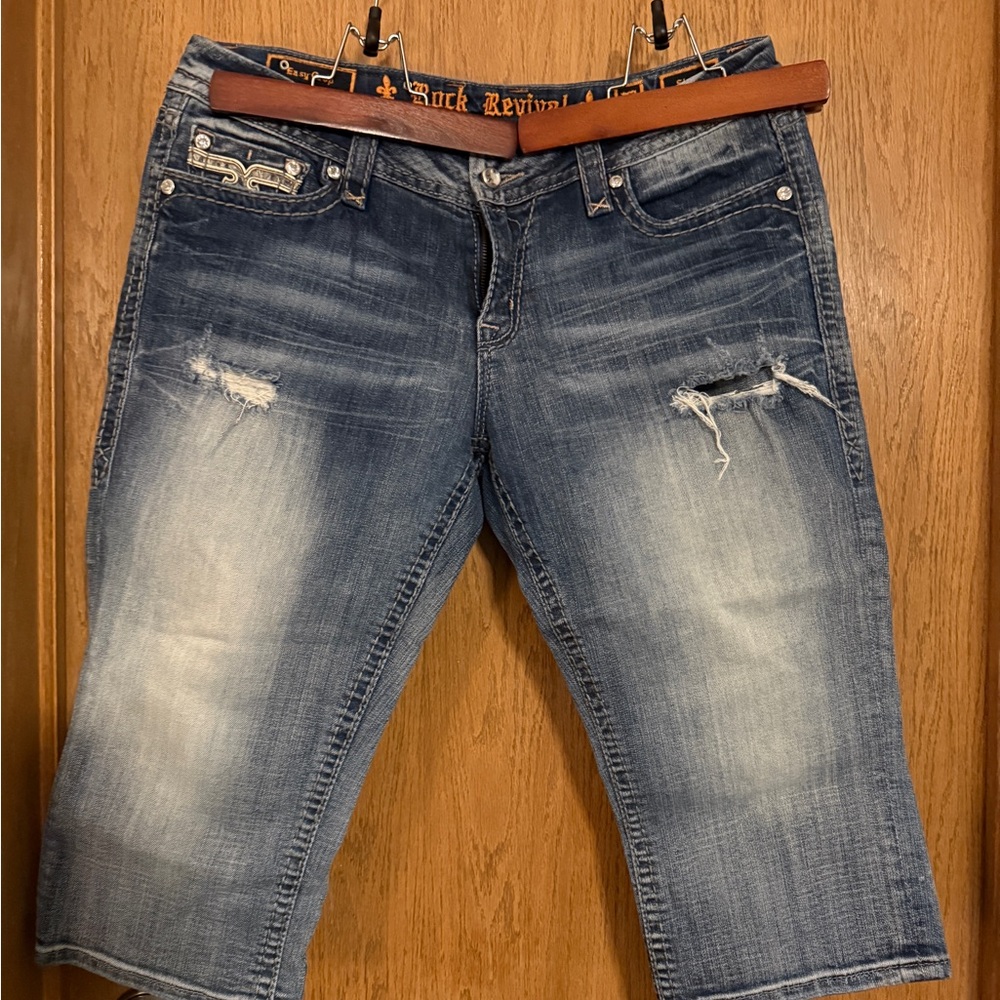 Rock Revival Blue Distressed Denim Capris